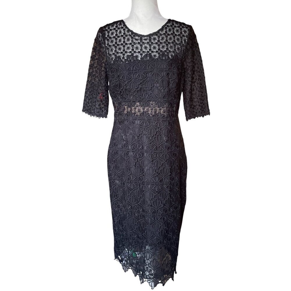 Anthropologie ML Monique Lhuillier Black Floral Lace Sheath Dress Sz 10